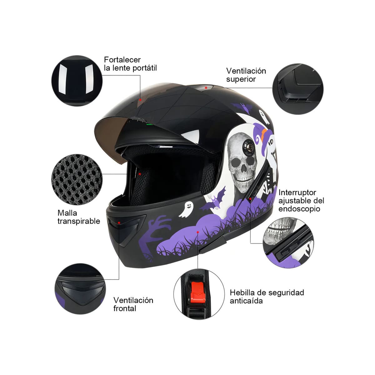Casco Sleek Para Moto Abatible Certificado talla L (59-60 cm) VIOLETA NEGRO Halloween