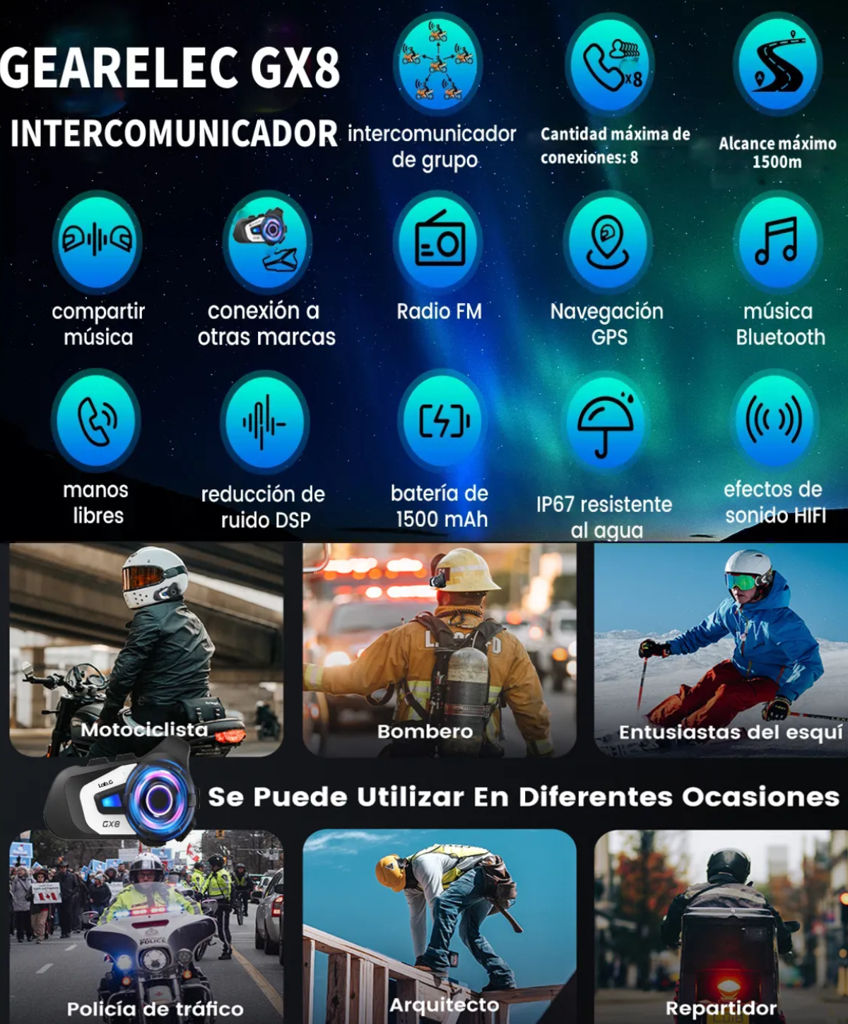Intercomunicador Para Casco De Moto  Compartir Musica Fm Radio 1500m Bluetooth Ip67 negro blanco