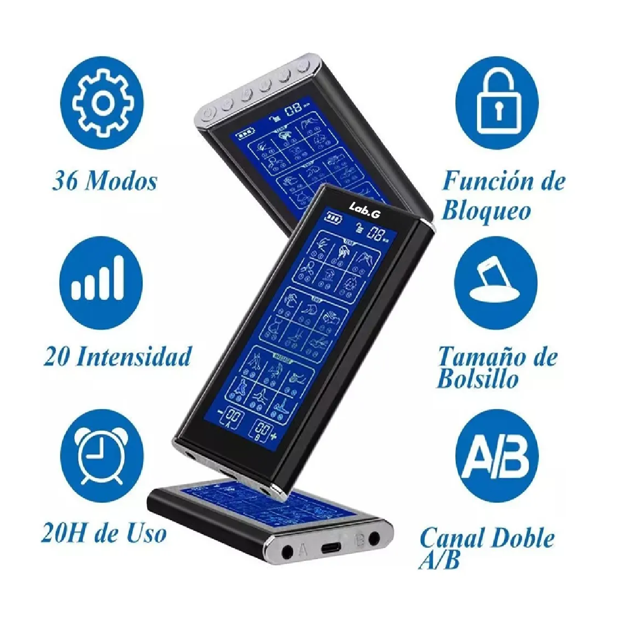 Estimulador Eléctrico Recargable Ems Tens 36 Modos 10 Parche Negro