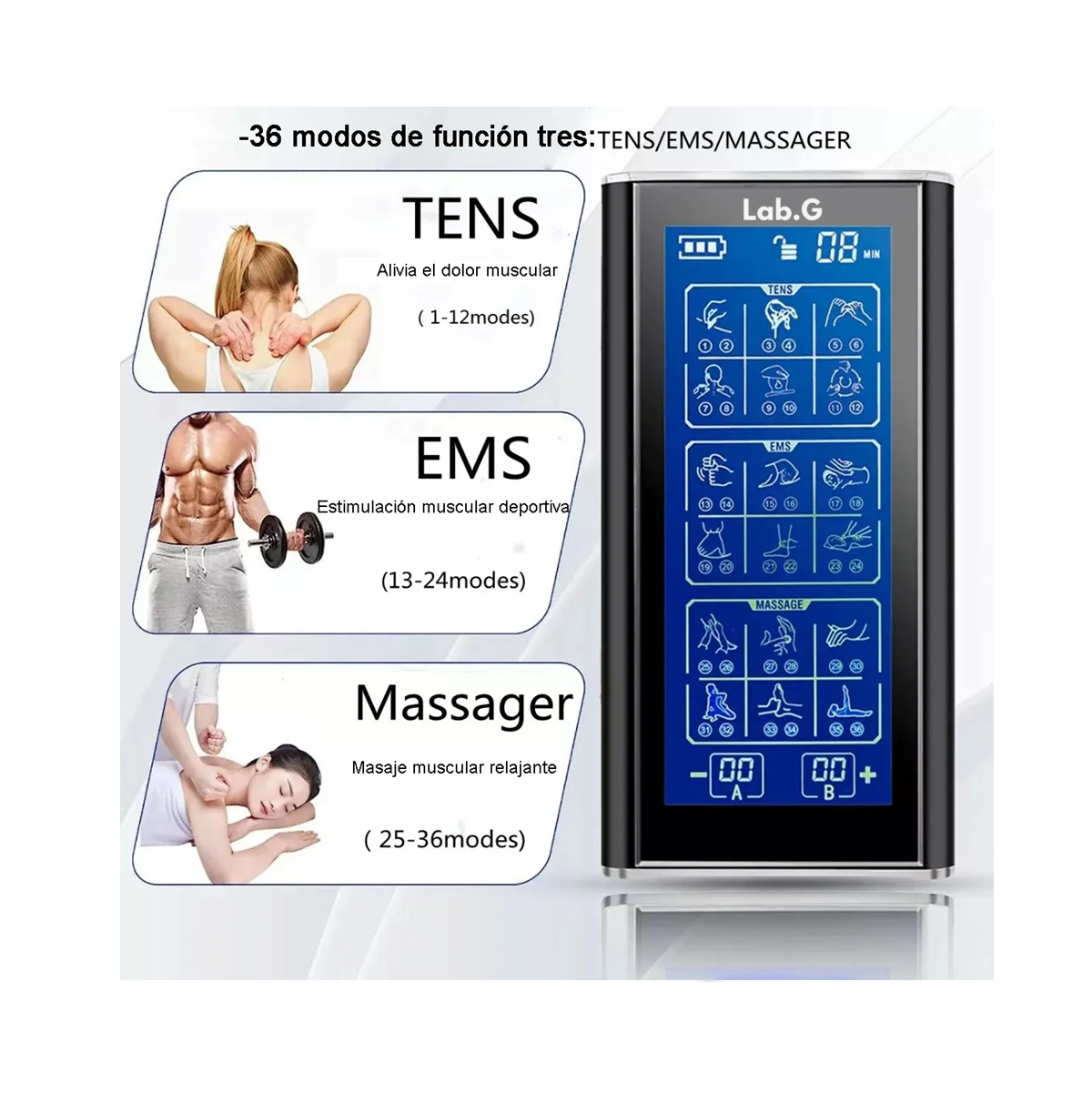 Estimulador Eléctrico Recargable Ems Tens 36 Modos 10 Parche Negro