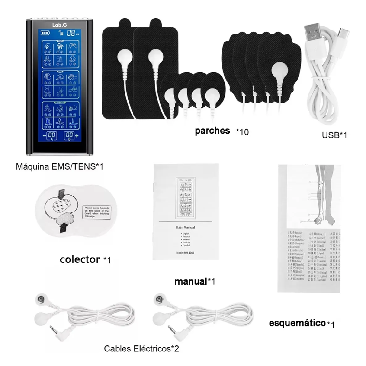 Estimulador Eléctrico Recargable Ems Tens 36 Modos 10 Parche Negro