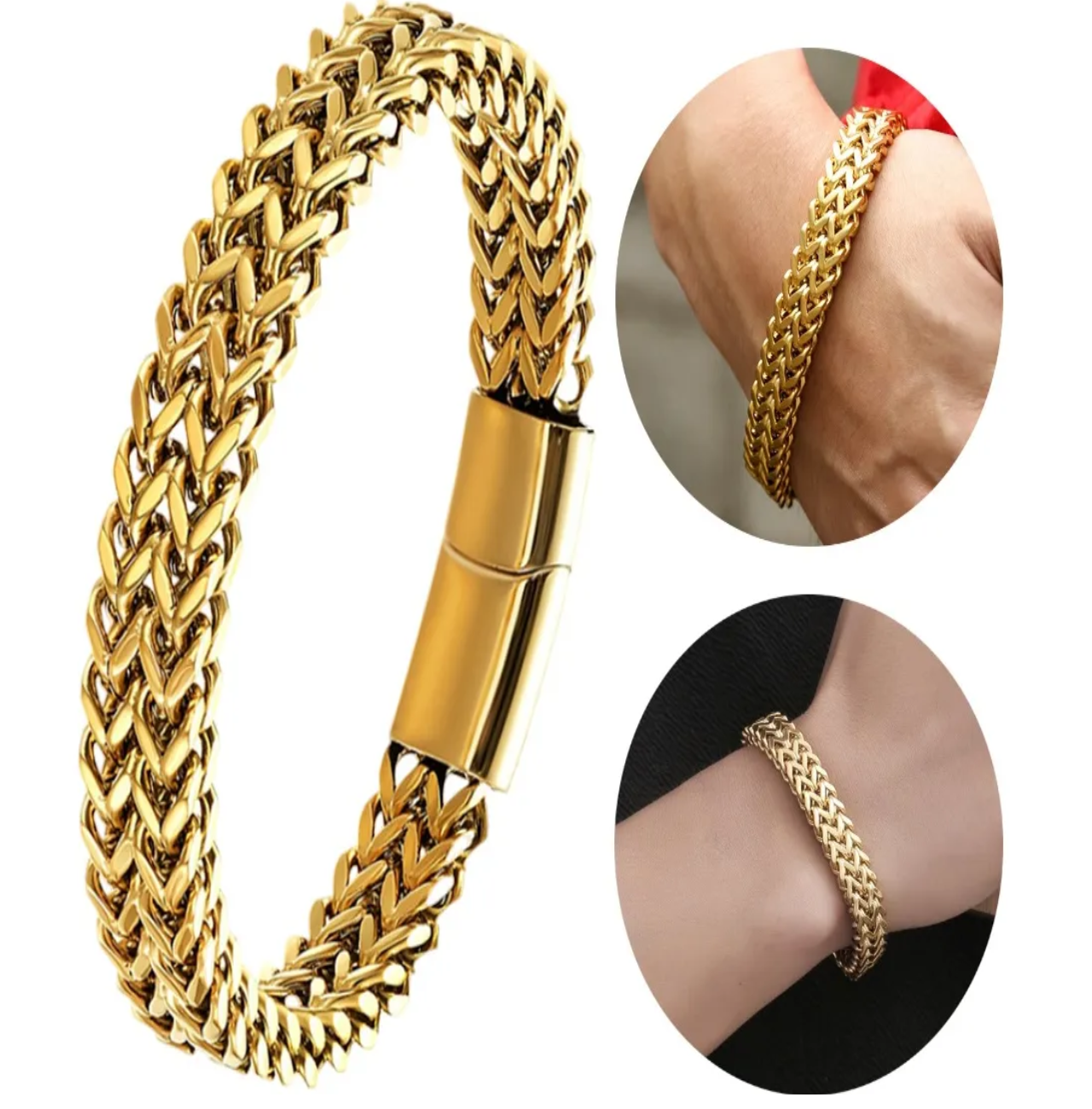 Esclava Oro Dos 21 cm Filas De Acero Magnética Hebilla Para Hombre