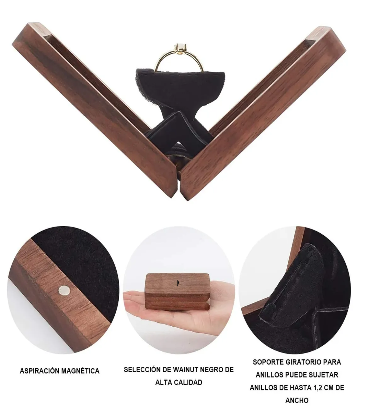 Caja Giratoria De Madera Nogal Para Anillos De Compromiso CAFE NEGRO