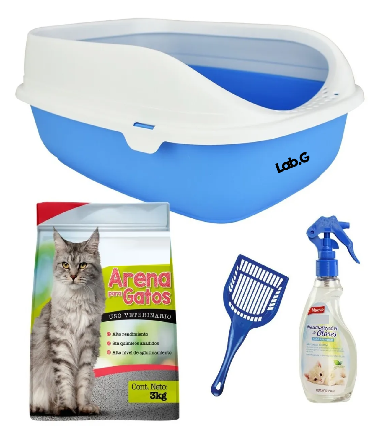 Kit Para Gato Con Arenero Pala Neutralizador Blanco con Azul
