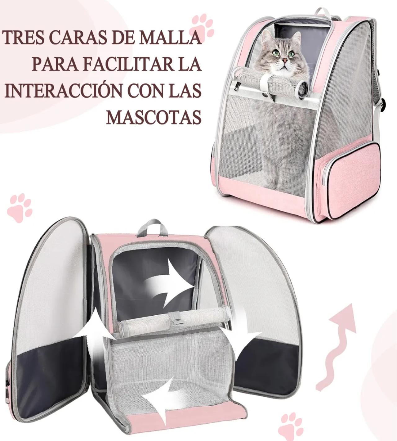 Mochila Transportadora Para Perros/gatos Plegable Gris Rosa