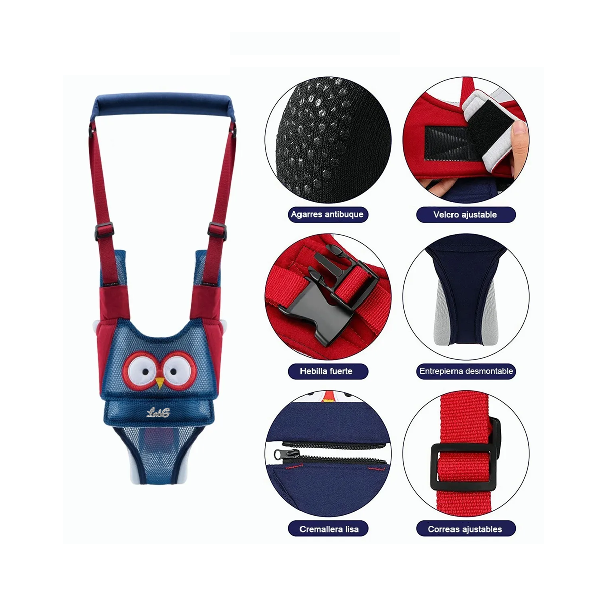 Arnés De Seguridad Para Bebés Para Aprender A Caminar Color Búho Azul Marimpo Detalles Rojo(versión Transpirable)