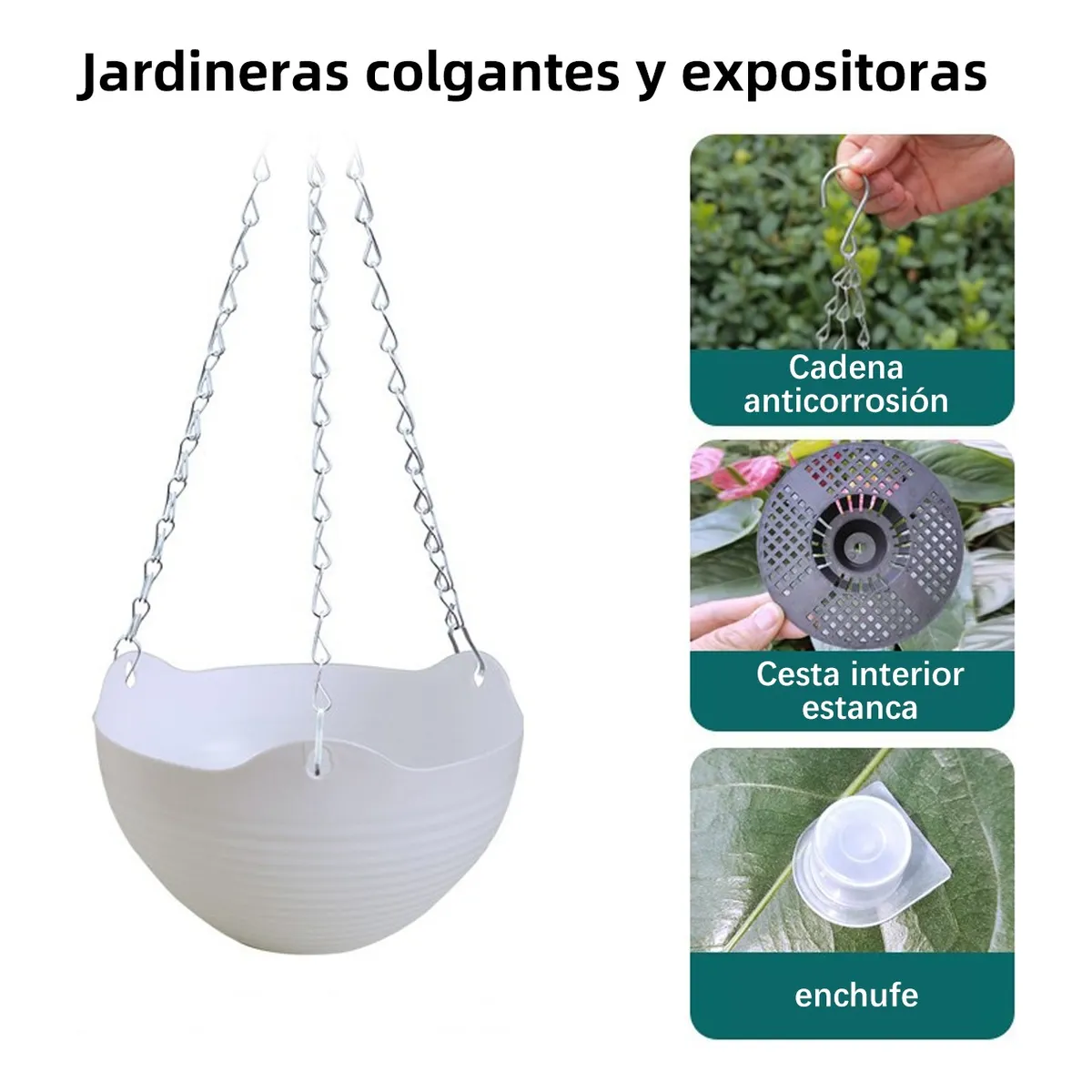 11 Macetas Plástico Colgantes Con Gancho Cadena Para Jardín Madera Blanco 