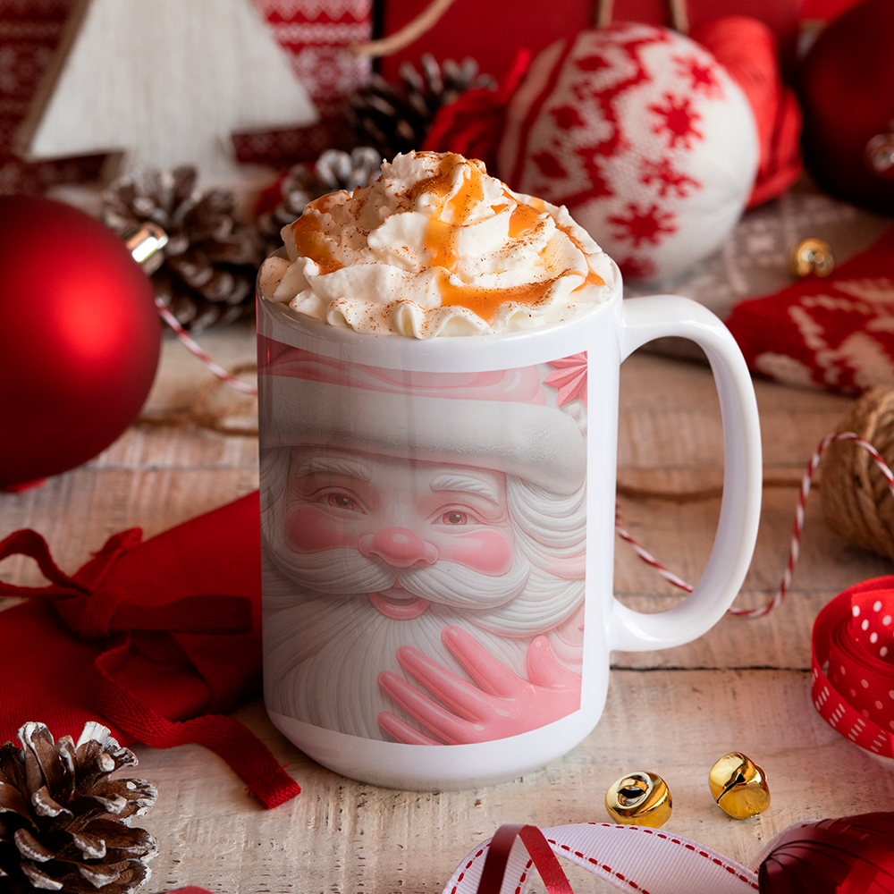 Taza Grande blanca Santa Claus | fondo rosa | carita de santa I navidad | fiestas I felíz | frío I Cerámica Blanca 15 oz