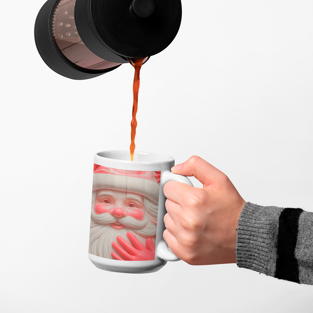 Taza Grande blanca Santa Claus | fondo rosa | carita de santa I navidad | fiestas I felíz | frío I Cerámica Blanca 15 oz