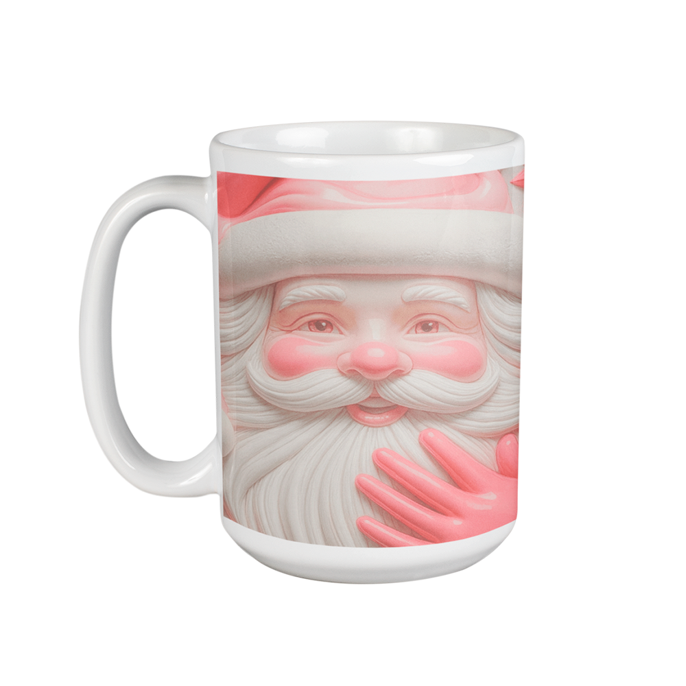Taza Grande blanca Santa Claus | fondo rosa | carita de santa I navidad | fiestas I felíz | frío I Cerámica Blanca 15 oz