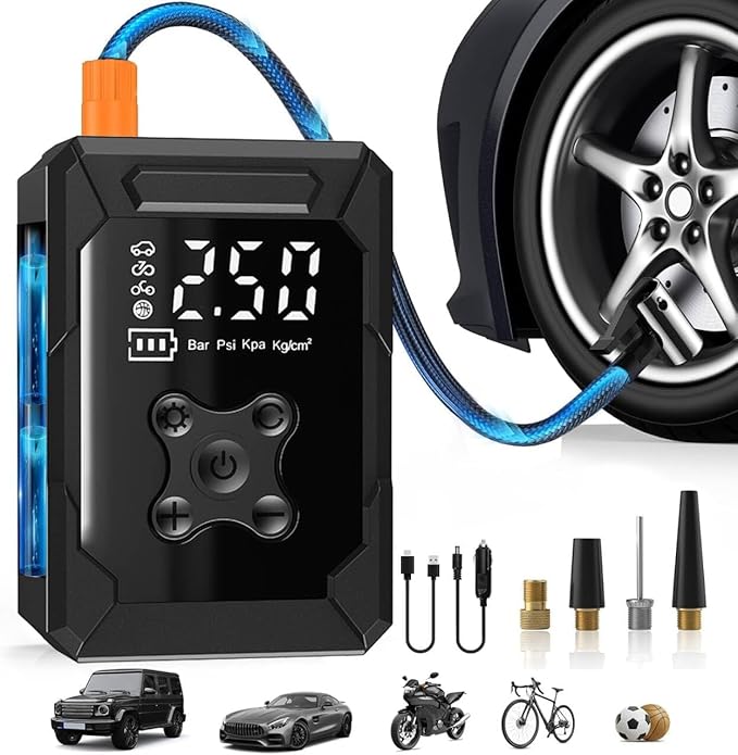 Compresor de Aire Portátil 150 PSI – Inflador Eléctrico con Pantalla LCD y 4 Boquillas para Auto, Moto y Más
