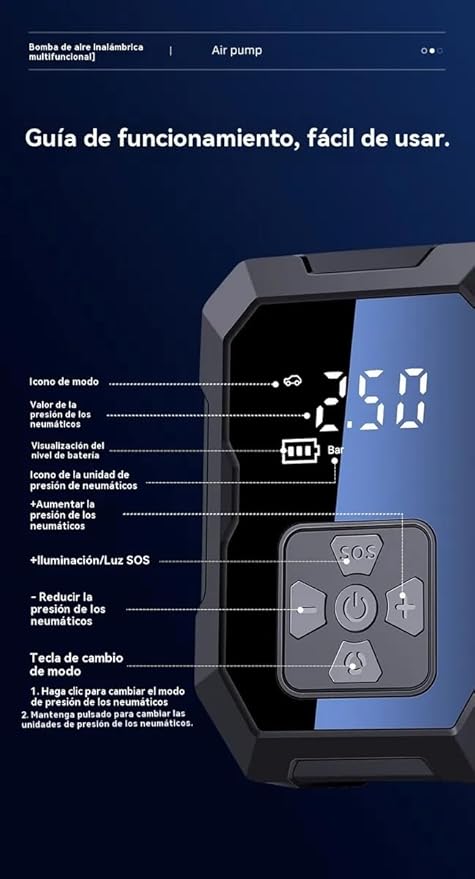 Compresor de Aire Portátil 150 PSI – Inflador Eléctrico con Pantalla LCD y 4 Boquillas para Auto, Moto y Más