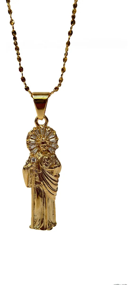 San Judas Mini con Cadena – Acero Inoxidable con Zirconias y Baño de Oro
