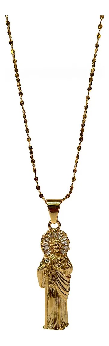 San Judas Mini con Cadena – Acero Inoxidable con Zirconias y Baño de Oro