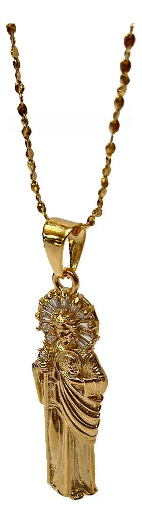 San Judas Mini con Cadena – Acero Inoxidable con Zirconias y Baño de Oro