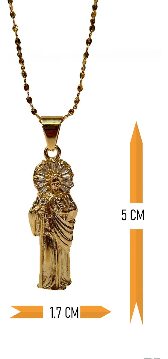 San Judas Mini con Cadena – Acero Inoxidable con Zirconias y Baño de Oro