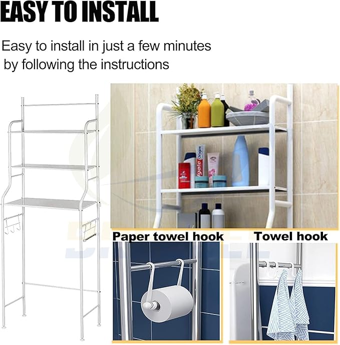 Organizador compacto para baño  Estante sobre inodoro 3 niveles con ganchos laterales, toallero y portarrollos  