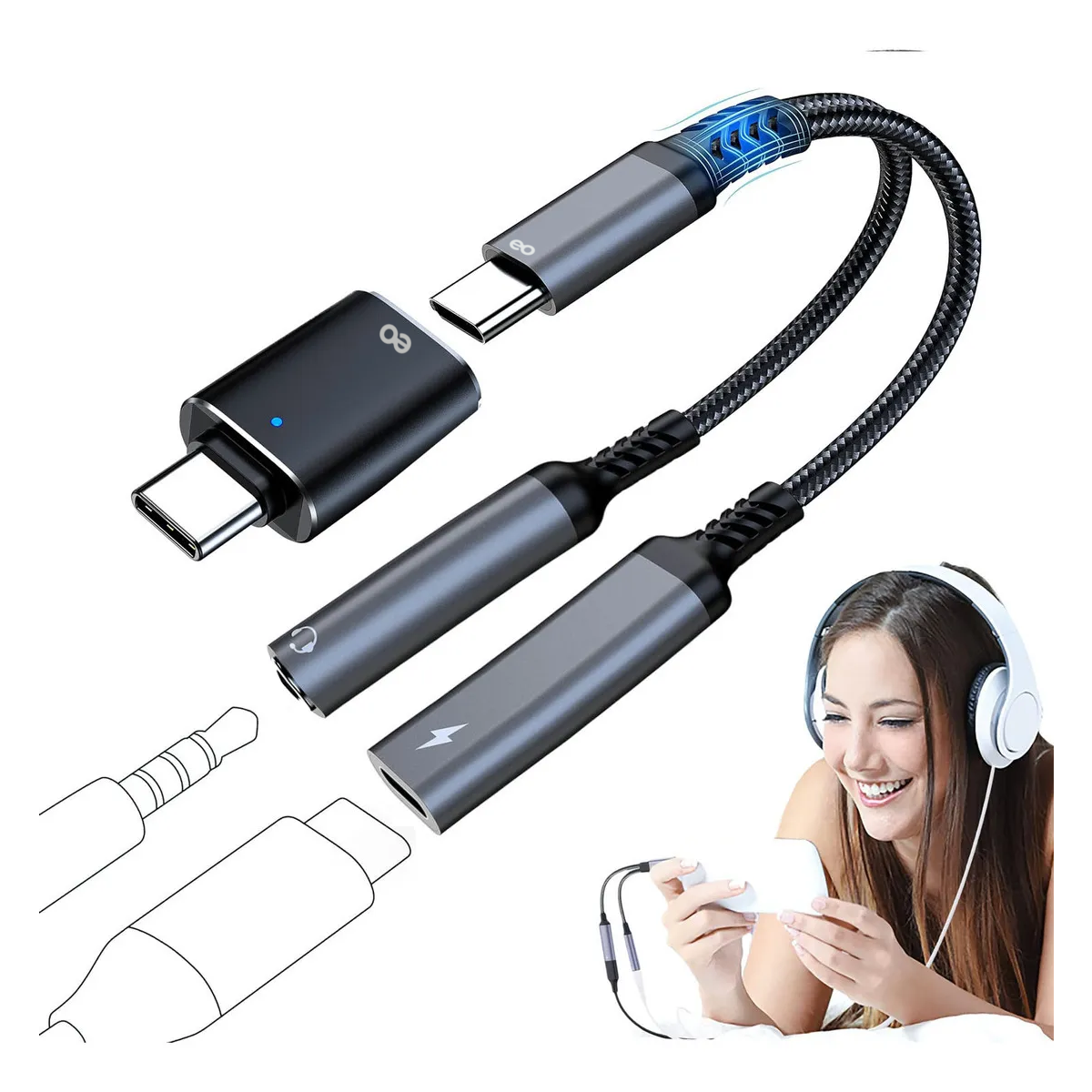 Adaptador USB C a Jack 3.5 mm Con Adaptador De Carga PD De 25 W