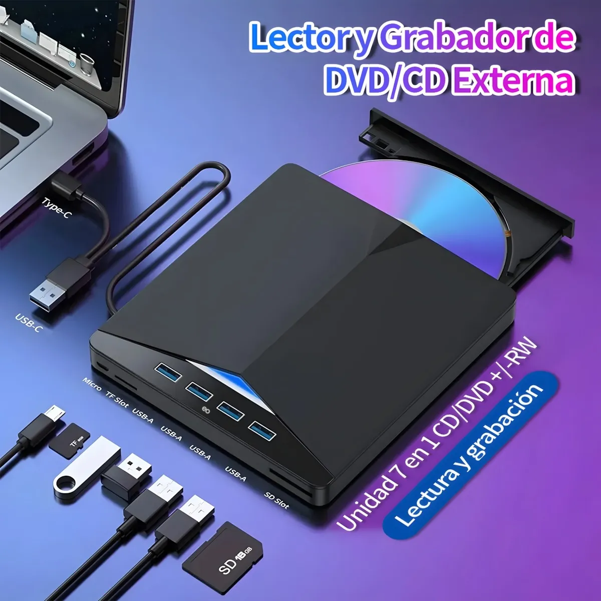 Quemador Discos Lector Dvd Externo Quemador Cd Usb + Tipo C