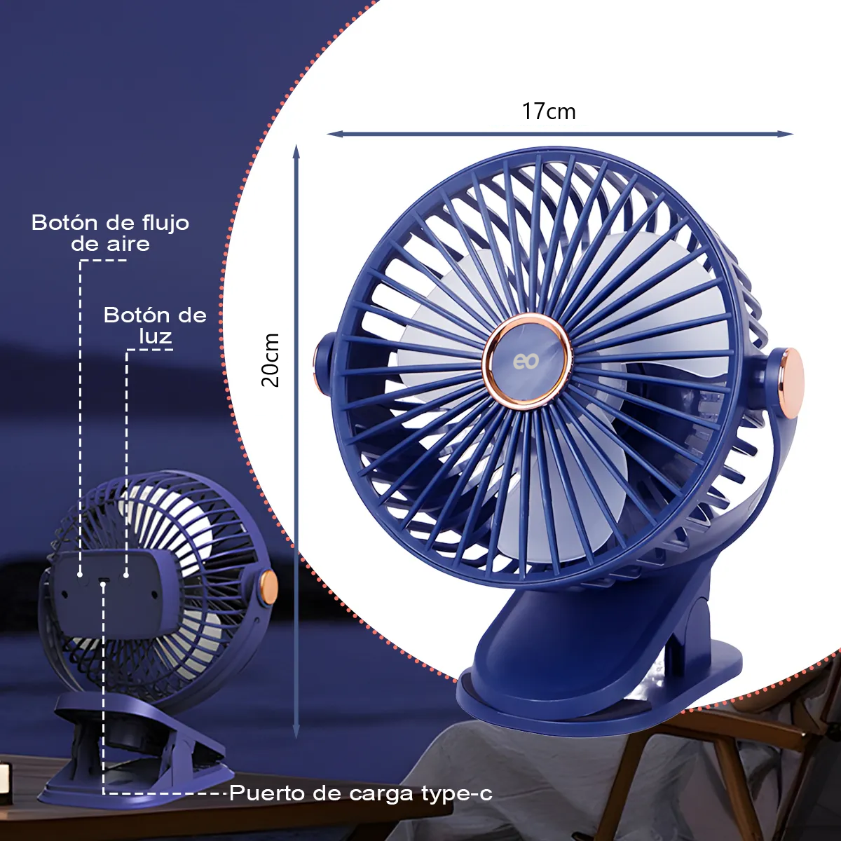 Ventilador Portátil Redondo Recargable Con Clip De Escritorio Usb Color Azul