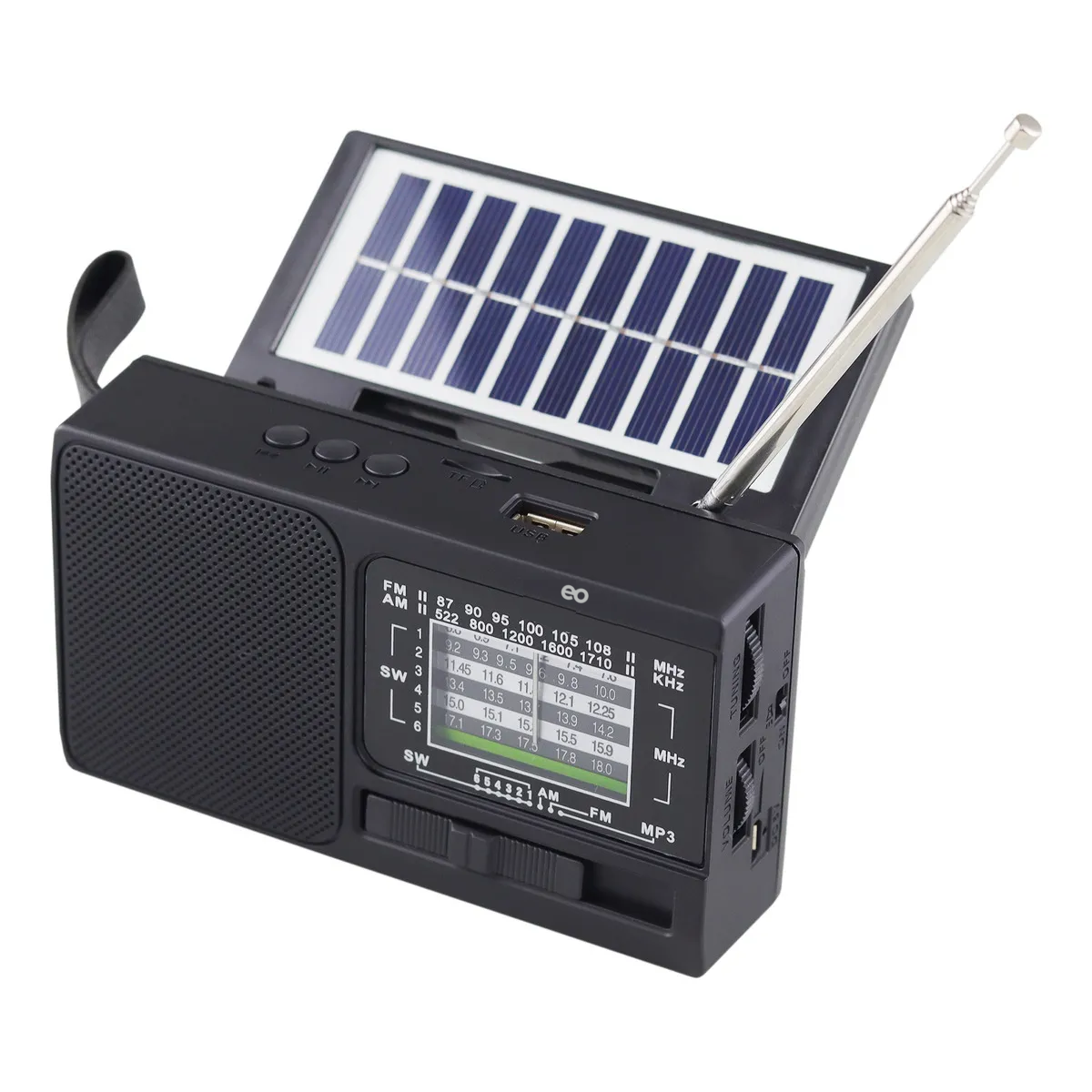 Radio Am Fm Portátil Recargable Panel Solar Usb Micro Sd Color Negro
