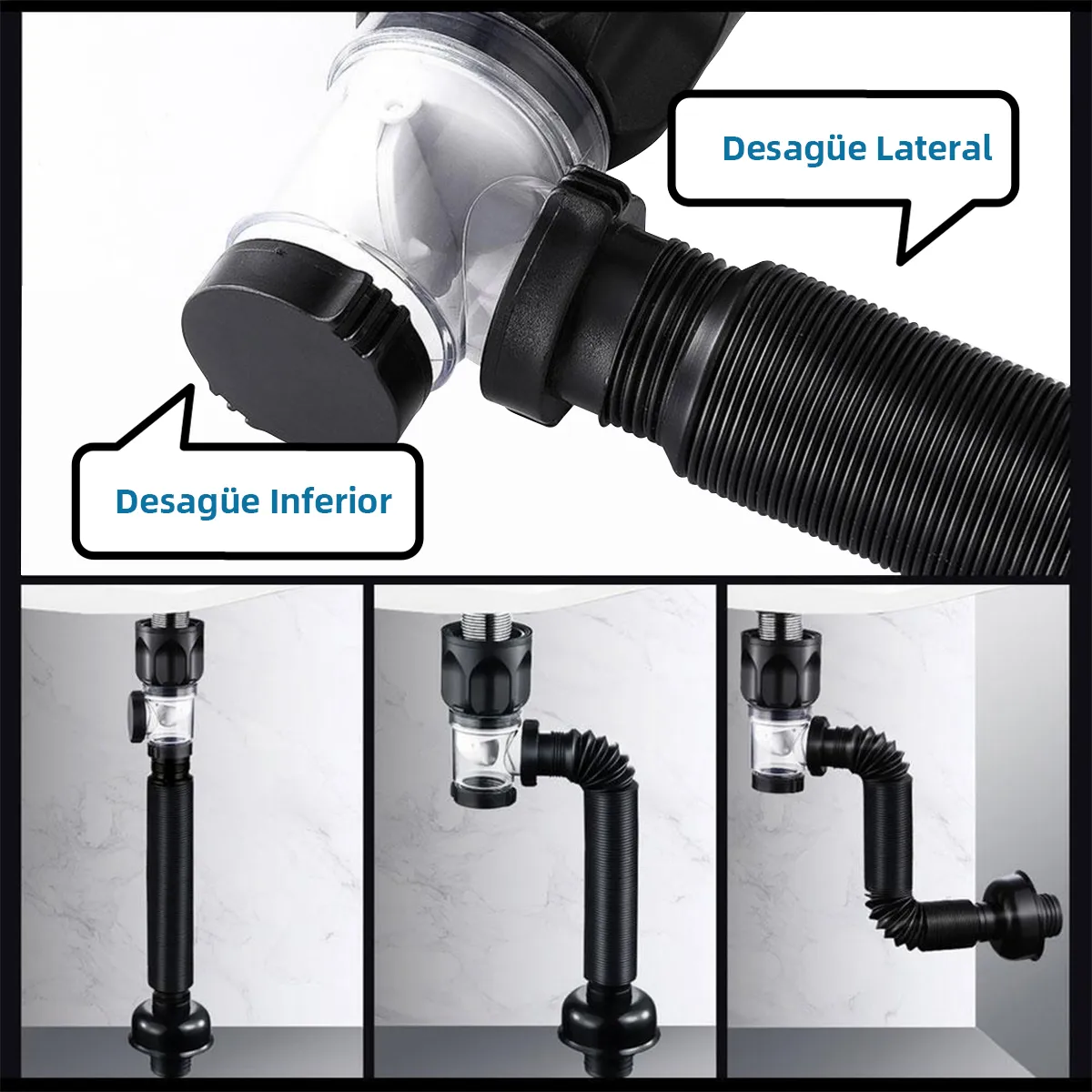 Kit de desagüe flexible para lavabo de baño 450-850 mm