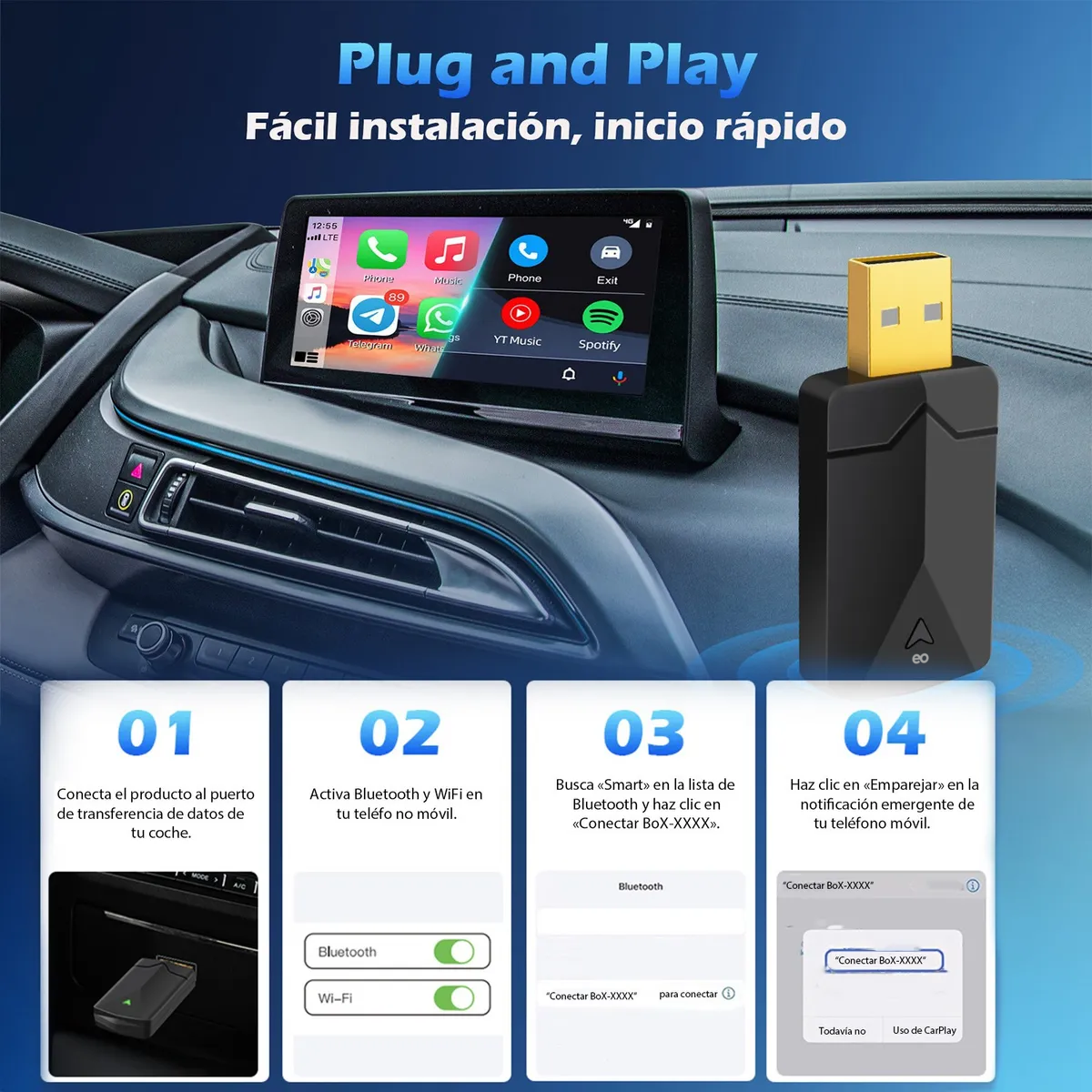 Carplay Adaptador Inalámbrico Wireless Para Iphone Y Android