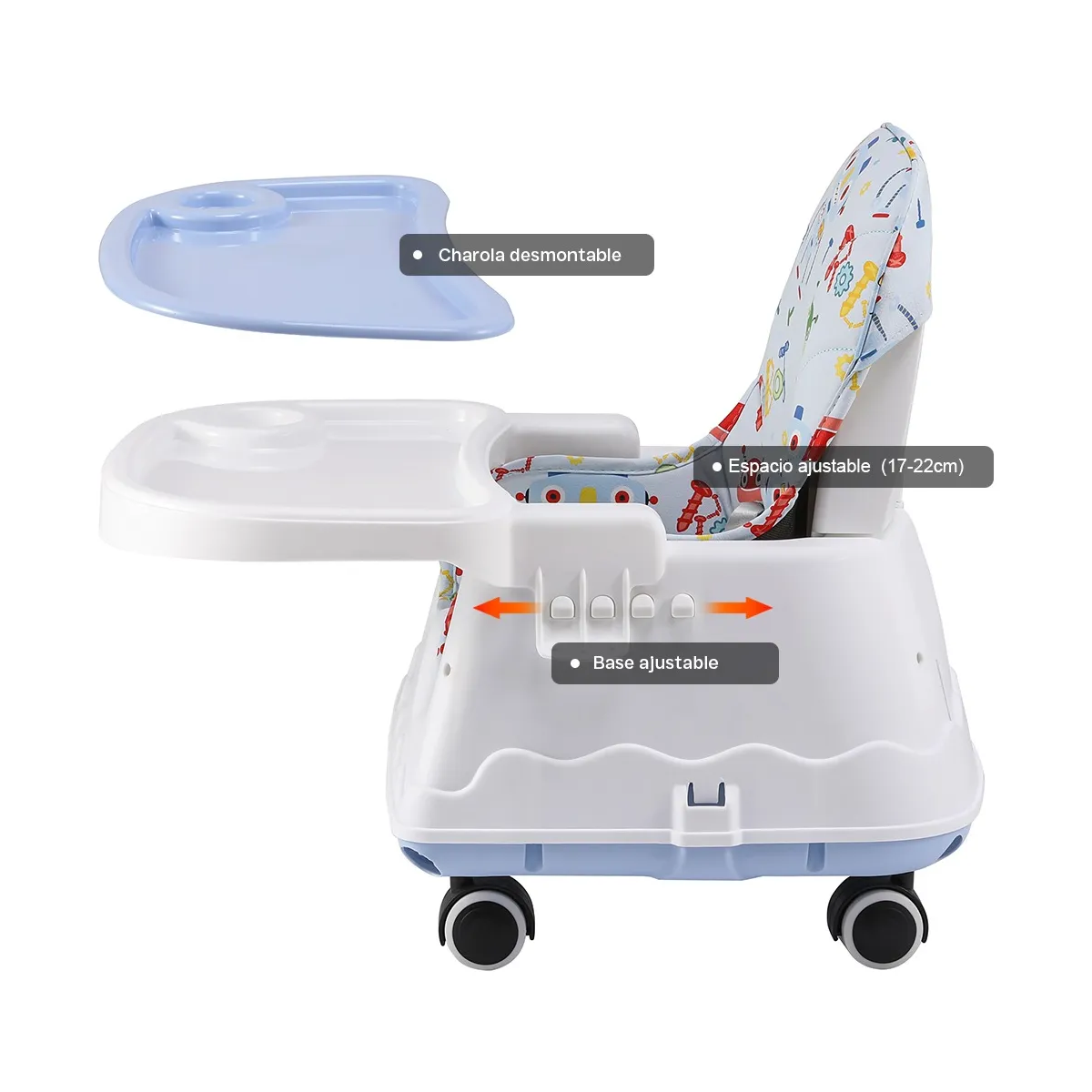 Silla Periquera Bebé 3 En 1 Silla Alta Con Ruedas Ajustable Robot Azul