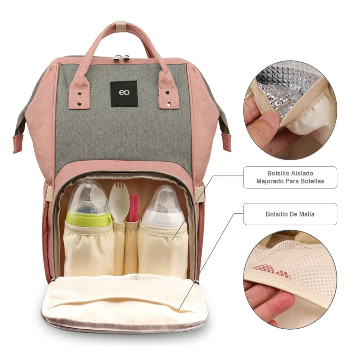 Mochila Pañaleras Para De Impermeable Rosa y Gris