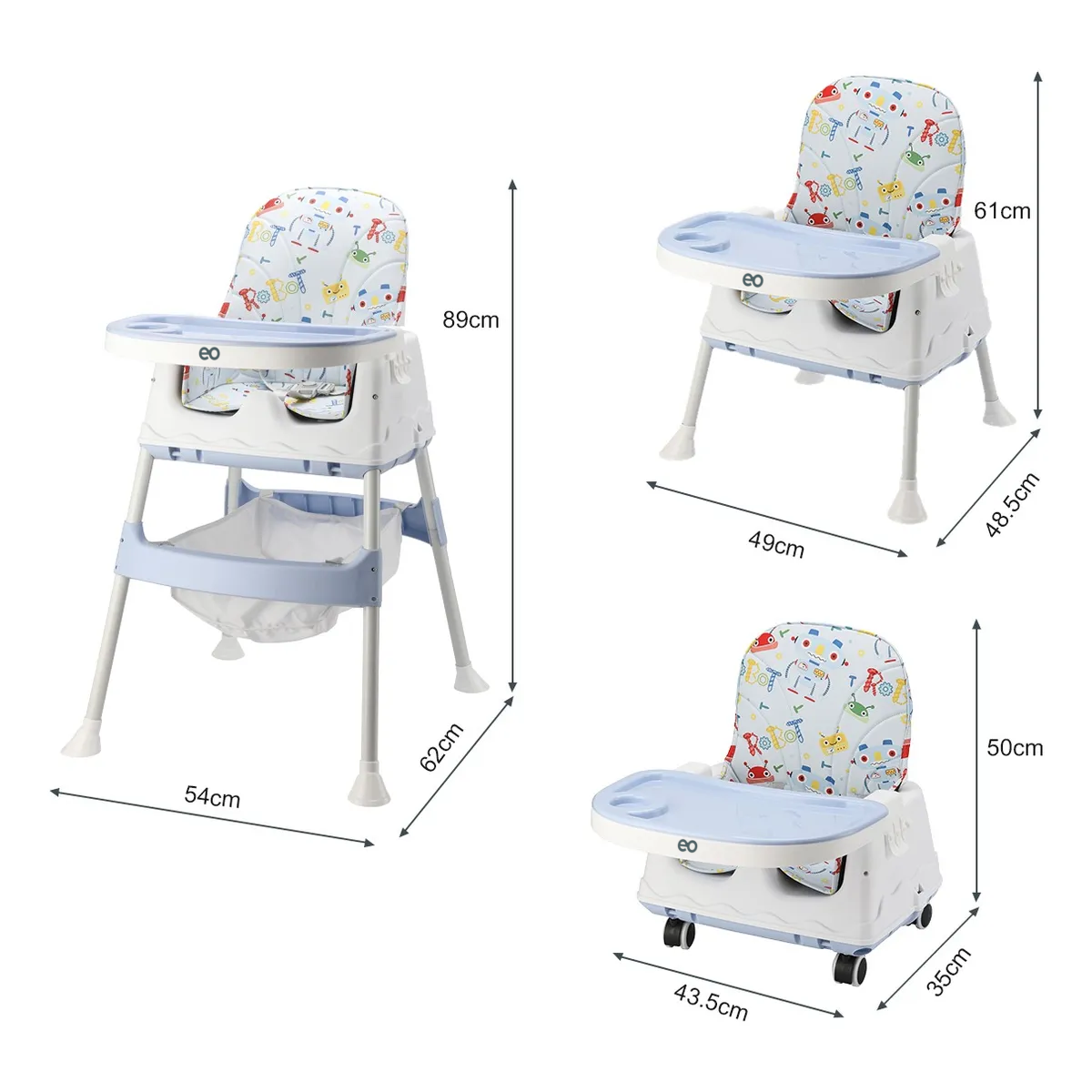 Silla Periquera Bebé 3 En 1 Silla Alta Con Ruedas Ajustable Robot Azul