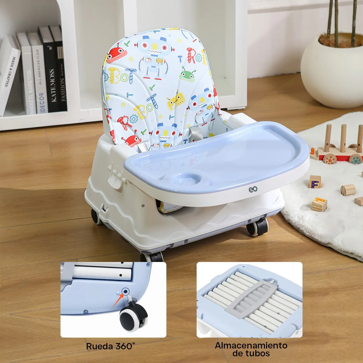 Silla Periquera Bebé 3 En 1 Silla Alta Con Ruedas Ajustable Robot Azul