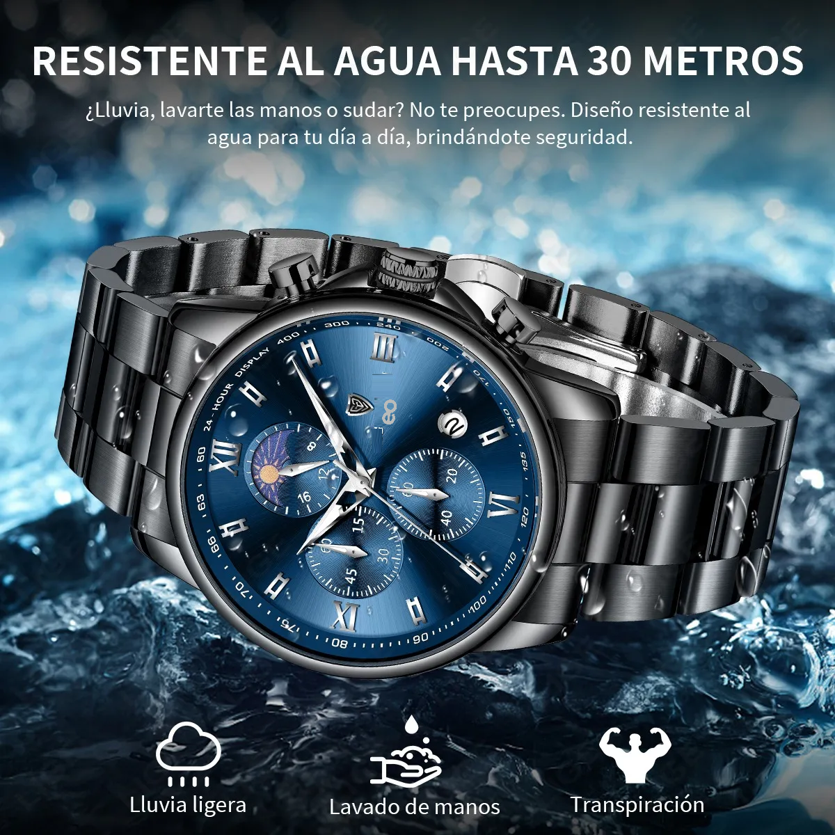 Reloj Pulsera Hombre Impermeable Relojes Cuarzo Acero Fecha Negro/Azul