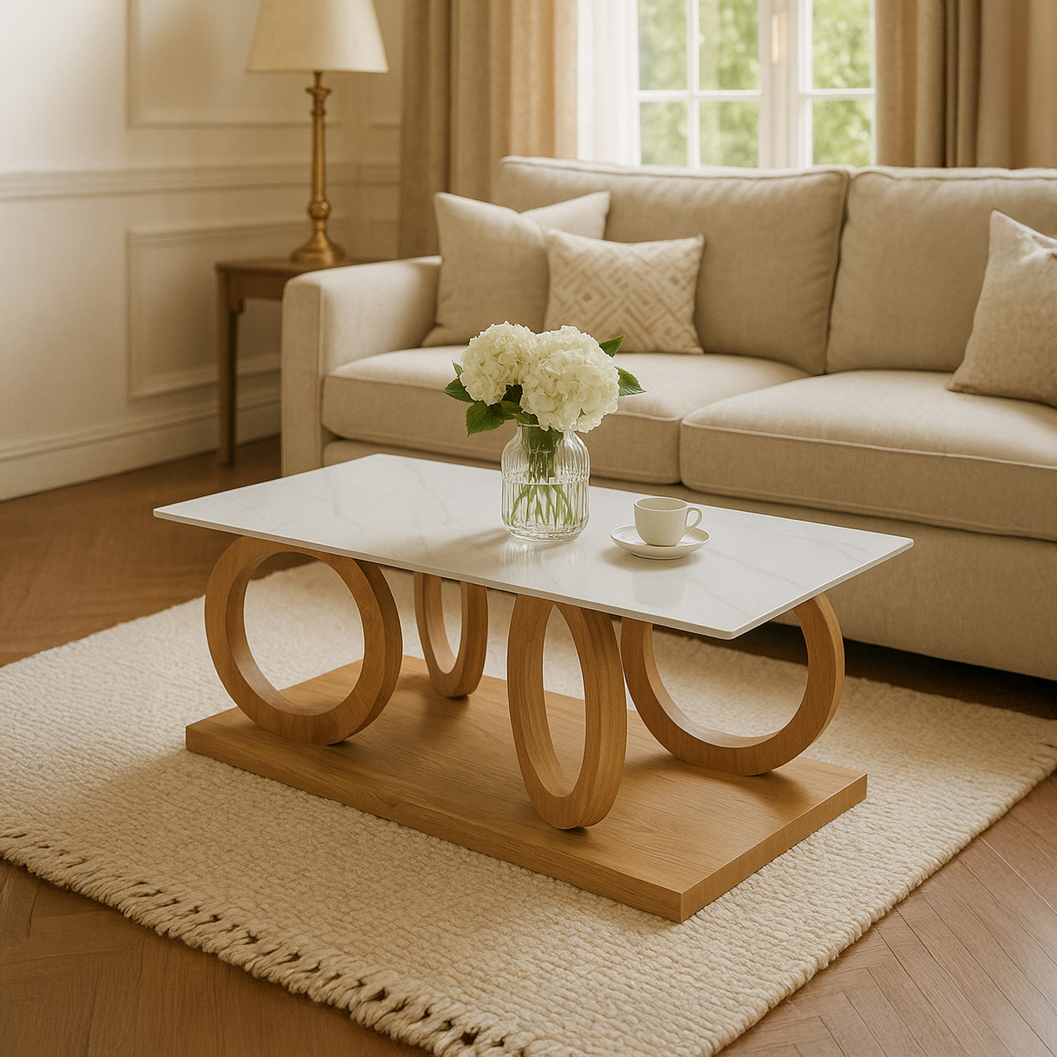 Mesa de Centro con Base de Ruedas de Madera y Cubierta Tipo Mármol Bossa Orbita
