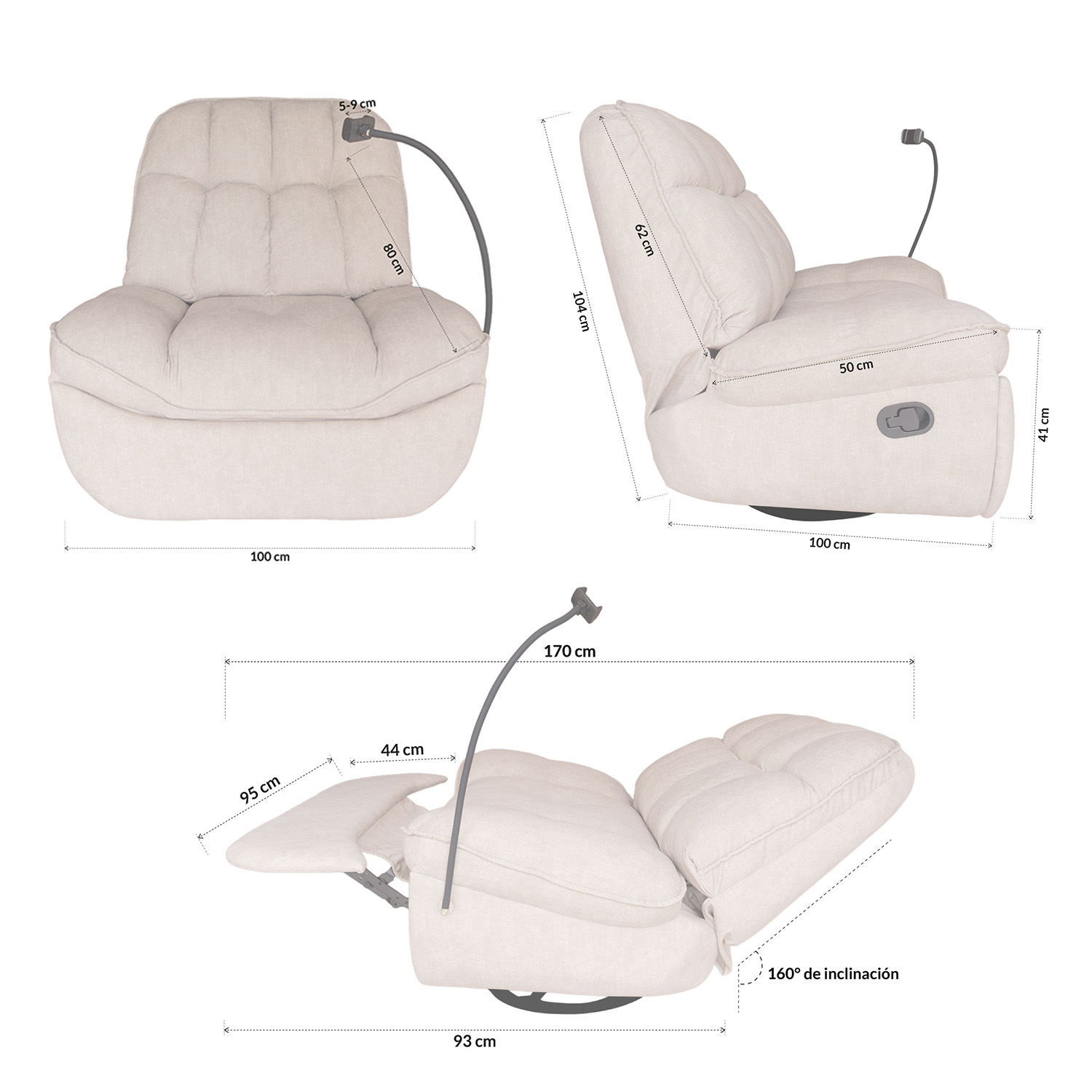 Sillon Mecedora  Reclinable Giratorio 360° con Porta Celular y Respaldo Acolchado de Alta Densidad Comodo Junior Beige