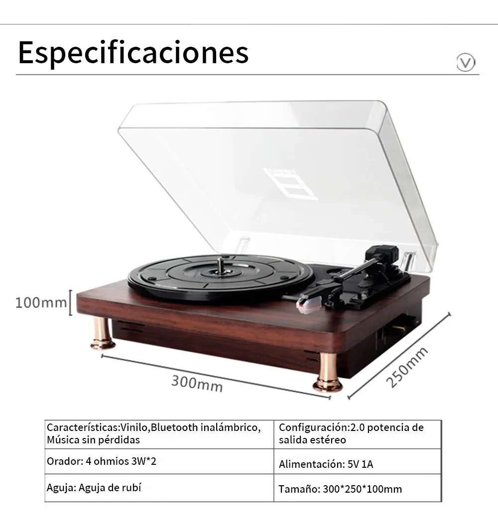 Tocadiscos De Vinilo Retro Portátil Con Bluetooth