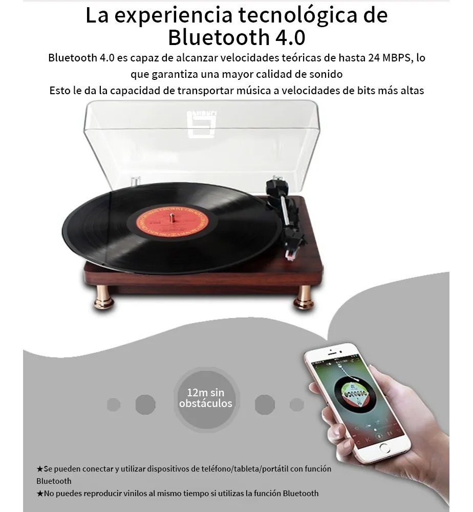 Tocadiscos De Vinilo Retro Portátil Con Bluetooth