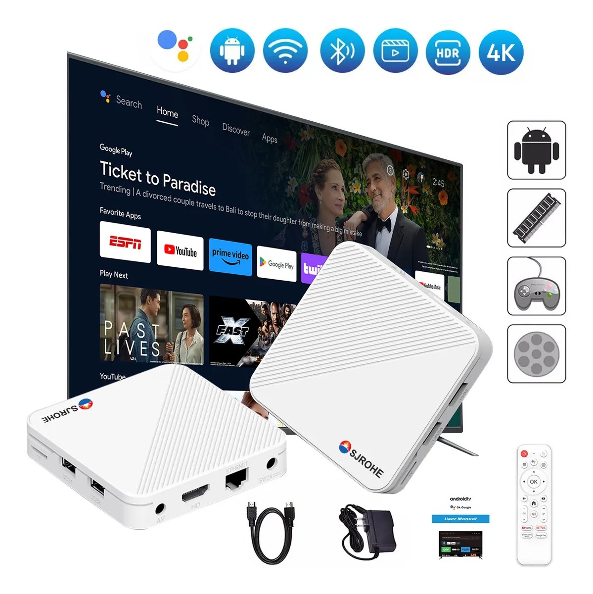 Sjrohe Tv Box Streaming Tv 4+32gb 4k Negro Control Remoto Bluetooth 