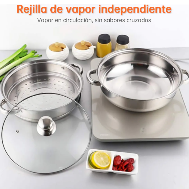 Ollas Vaporera De Acero Inoxidable Cocina 2 Capas Con Tapa 28cm Al Vapor
