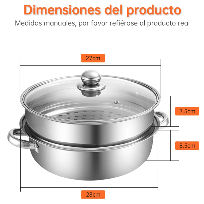 Ollas Vaporera De Acero Inoxidable Cocina 2 Capas Con Tapa 28cm Al Vapor