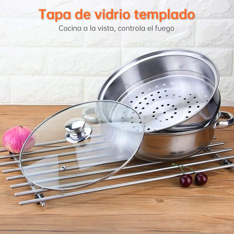 Ollas Vaporera De Acero Inoxidable Cocina 2 Capas Con Tapa 28cm Al Vapor