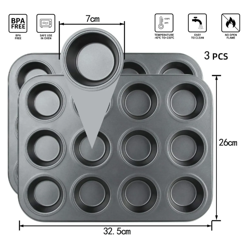 3 Moldes Charola 12 Cupcakes Acero Anti-adherente Repostería