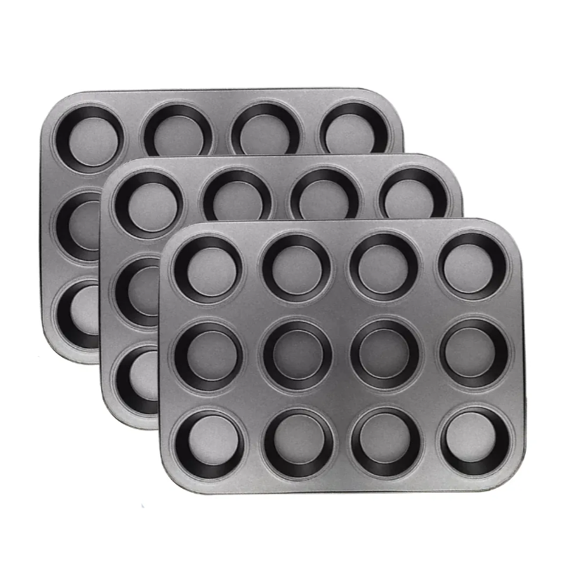 3 Moldes Charola 12 Cupcakes Acero Anti-adherente Repostería