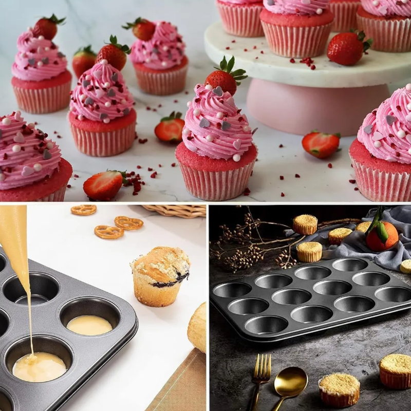 3 Moldes Charola 12 Cupcakes Acero Anti-adherente Repostería