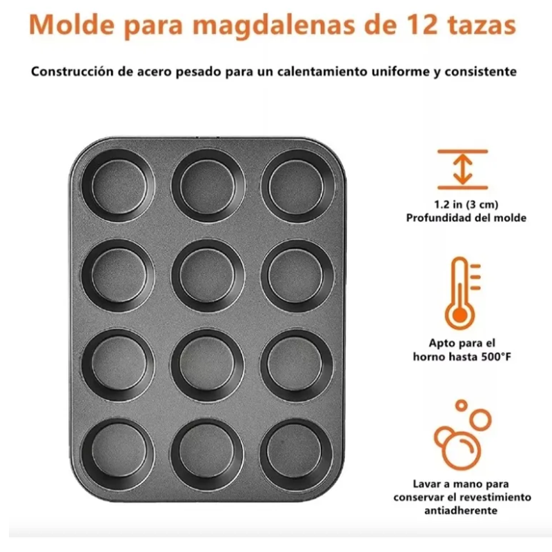 3 Moldes Charola 12 Cupcakes Acero Anti-adherente Repostería