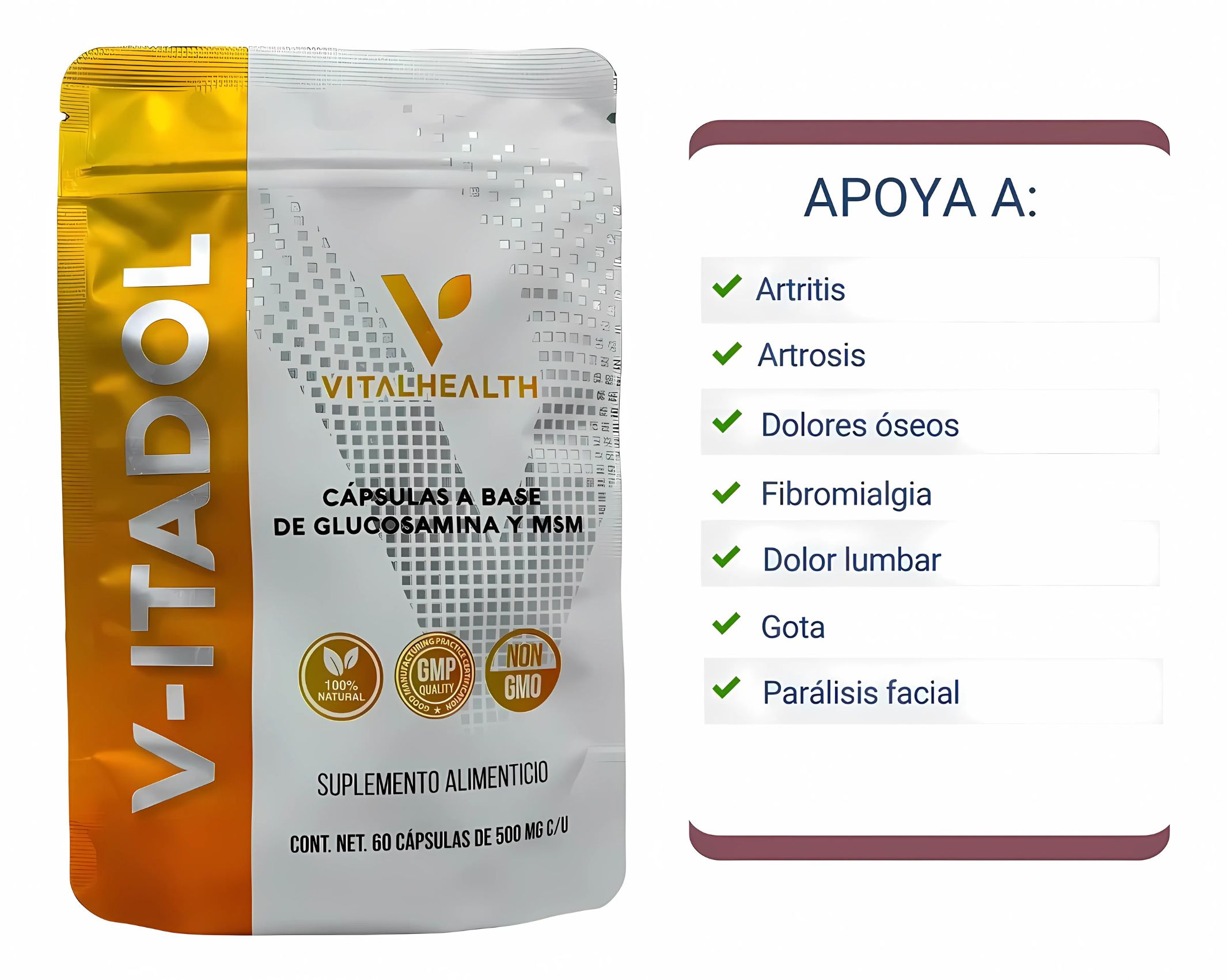 VITADOL VitalHealth | Suplemento Natural para Articulaciones y Músculos con Glucosamina, MSM y Zarzaparrilla