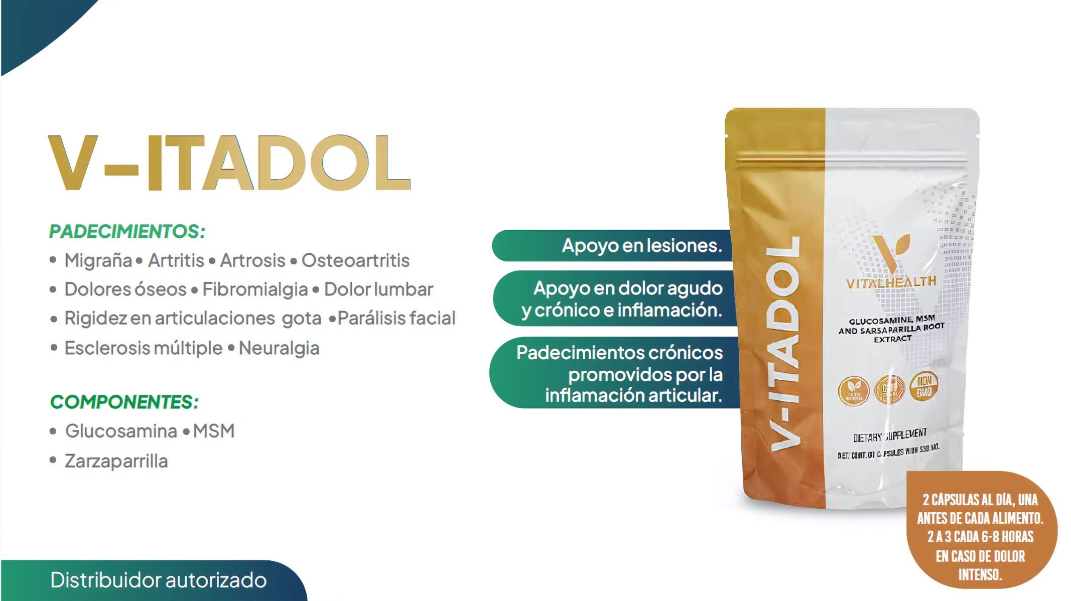 VITADOL VitalHealth | Suplemento Natural para Articulaciones y Músculos con Glucosamina, MSM y Zarzaparrilla