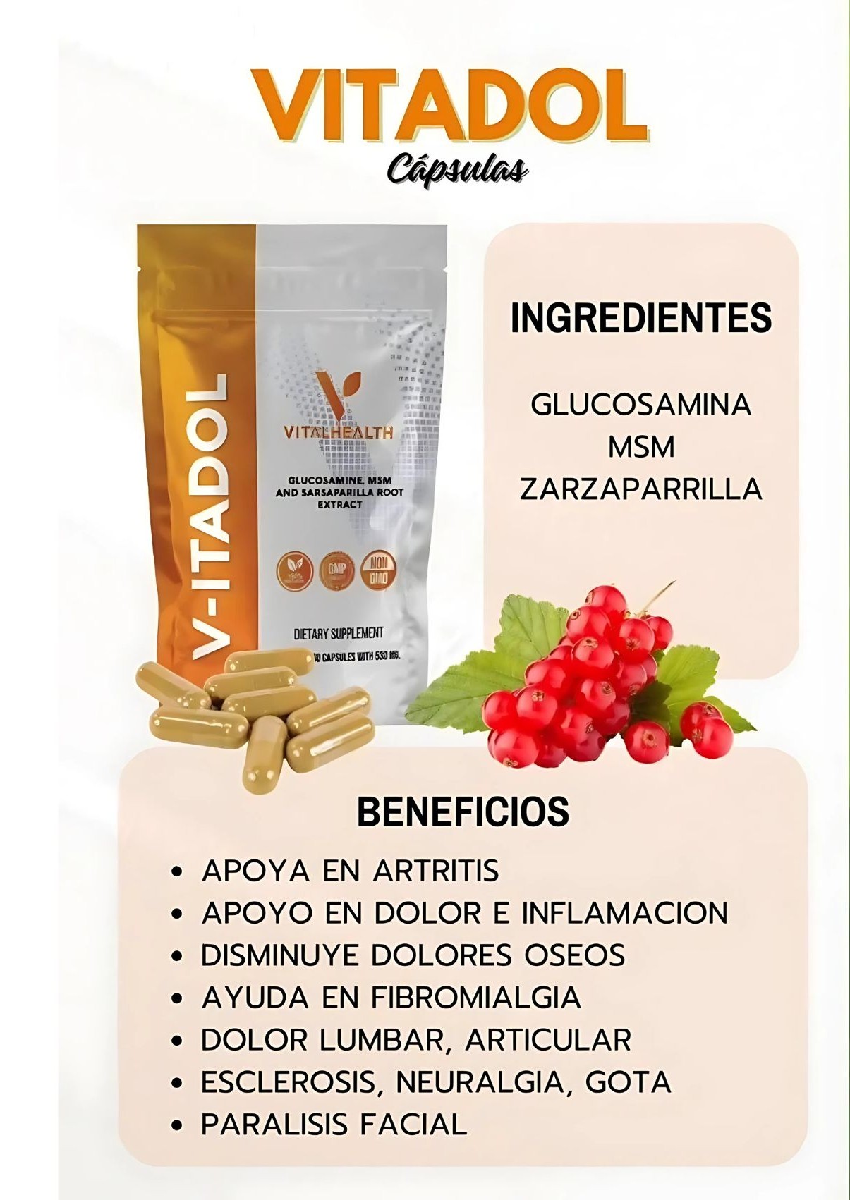 VITADOL VitalHealth | Suplemento Natural para Articulaciones y Músculos con Glucosamina, MSM y Zarzaparrilla
