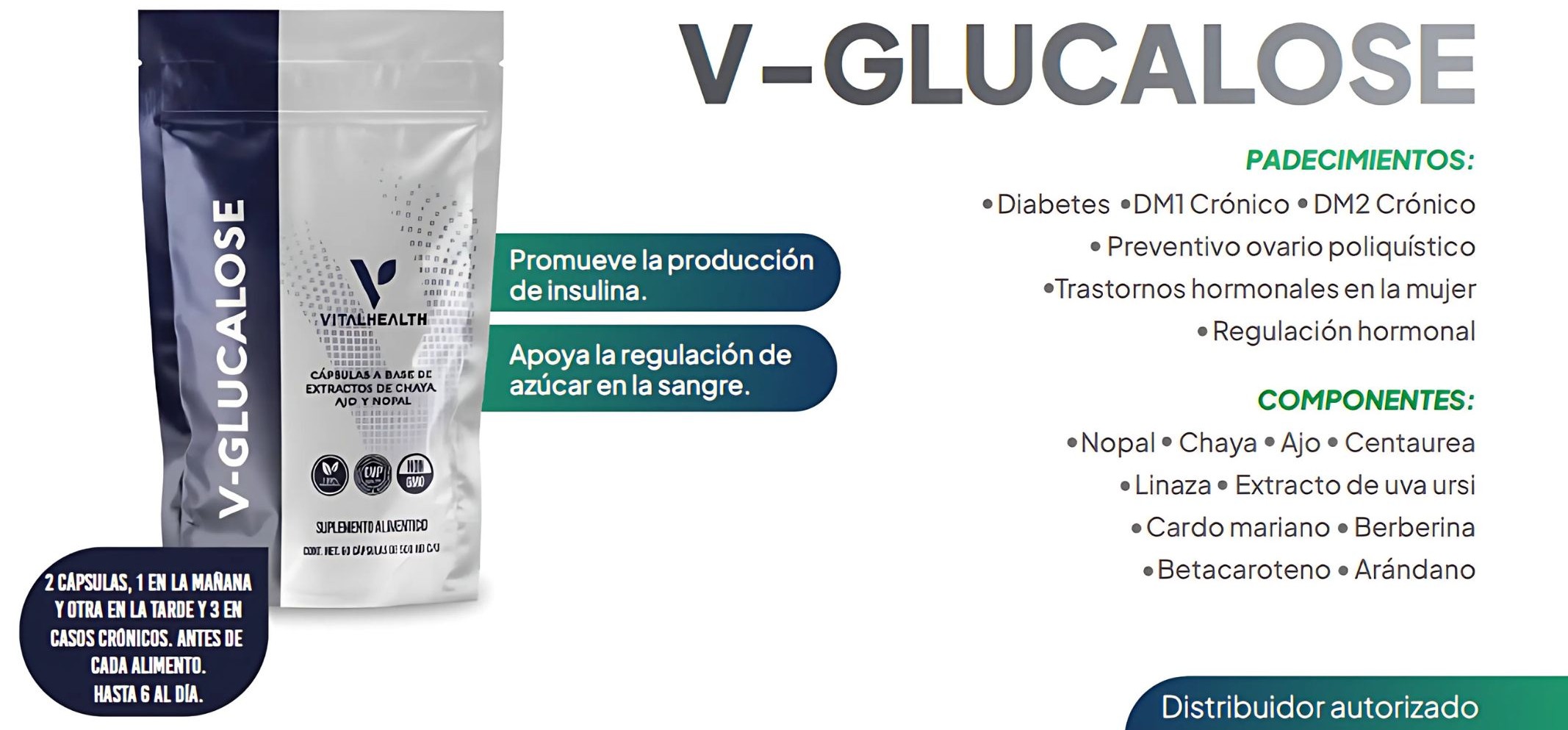 V-Glucalose VitalHealth 60 Cápsulas | Control Natural de Azúcar, Insulina y Metabolismo | 100% Natural