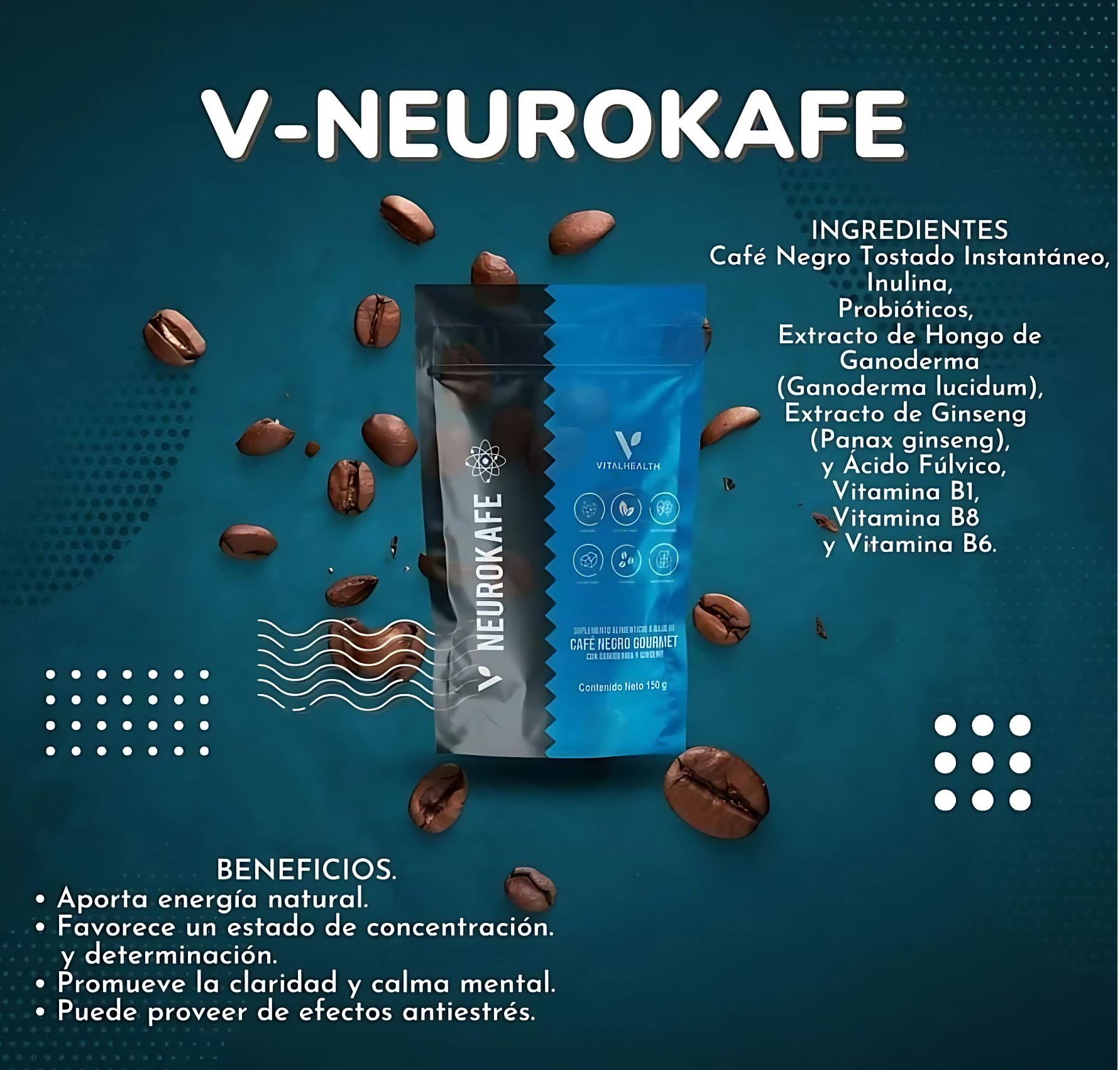 Neurokafe VitalHealth – Café Gourmet Soluble con Ginseng, Ganoderma y Probióticos – 150 g