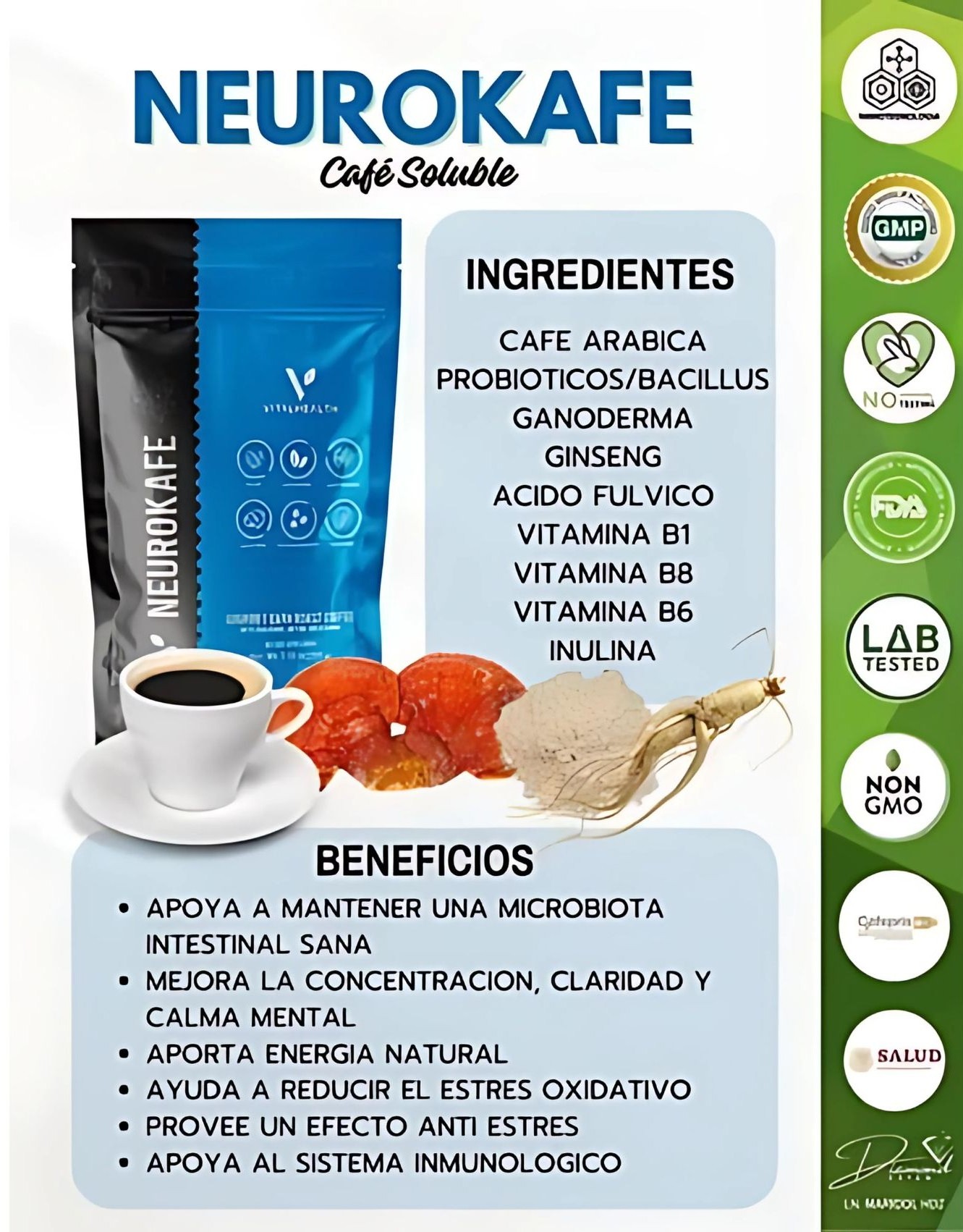 Neurokafe VitalHealth – Café Gourmet Soluble con Ginseng, Ganoderma y Probióticos – 150 g